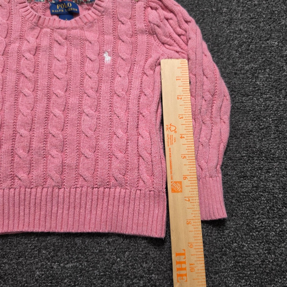 Polo Ralph Lauren Cable Knit Sweater Pink Girls 4 Puff Sleeve Button Shoulder - Picture 2 of 6